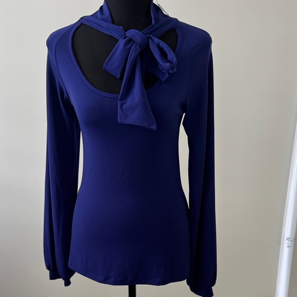 Express Deep Blue Long-Sleeve Tie-Neck Top
